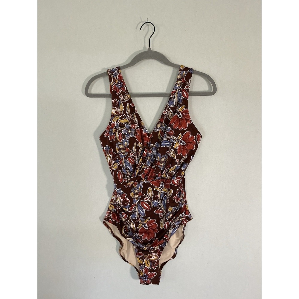 Garnet Hill Brown Floral V-Neck One-Piece Swimsuit w Lined Molded Cups‎  6